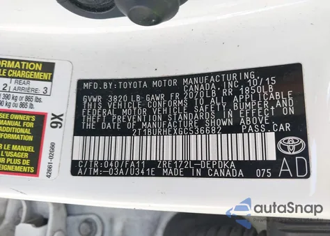 2016 Toyota Corolla L z USA, uszkodzony, nr VIN 2T1BURHEXGC536682